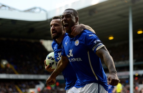 Wes Morgan of Leicester City celebrates after scoring the equaliser.