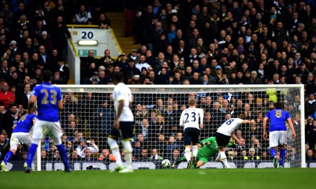 Harry Kane of Spurs scores his team's third goal from the penalty spot.