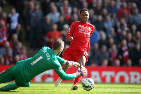 David de Gea saves at the feet of Raheem Sterling.