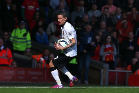 Angel Di Maria catches the ball thinking it's gone out of play.