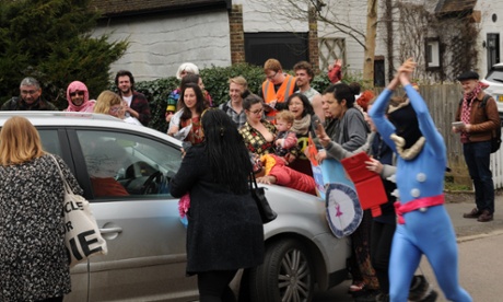 Protesters block the Ukip leader's car.