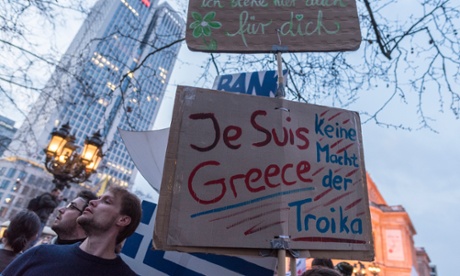 German anti-capitalist protesters show solidarity with Greece at a demonstration against the new European Central Bank headquarters in Frankfurt. Many Germans, however, are feeling more and more resentful.