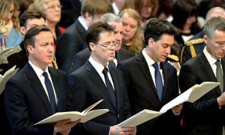 David Cameron, Nick Clegg and Ed Miliband. Polls suggest some kind of post-election pact is likely. 