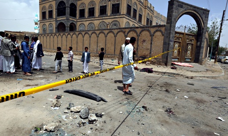 Houthi militia at one of the bombed mosques in Sana'a