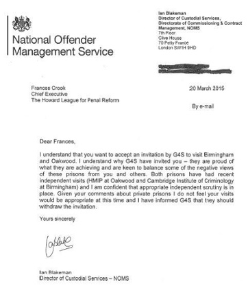 The letter sent to Frances Crook