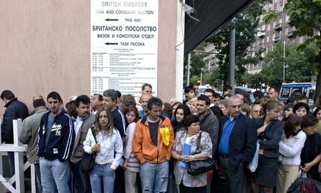 Bulgarians queuing outside the British embassy in Sofia for visa applications in 2006