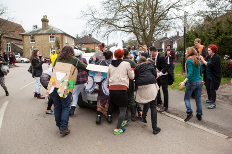 Protesters try to block Nigel Farage's car from leaving