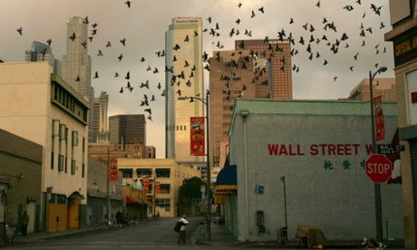 The Wall Street area looming over Skid Row, now a site of gentrification and redevelopment.