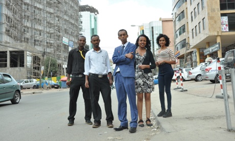Endalkachew Fekadu, centre, with volunteers of his NGO that provides support to people with TB. Endalkachew contracted a drug-resistant strain of the disease 12 years ago.