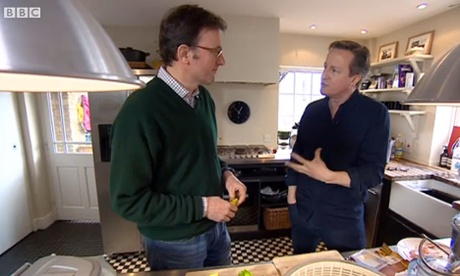 BBC screen grab of David Cameron taling to James Landale in his kitchen-kitchenettecam1