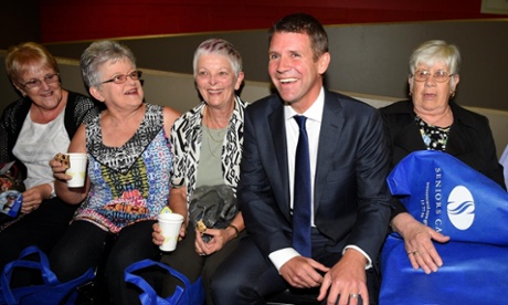 Mike Baird at a Seniors Week concert. ‘The magic evaporates at the microphone. He is decent and dry. He talks to them like a bank manager offering a new deal on savings accounts.’ Photograph: Dan Himbrechts/AAP