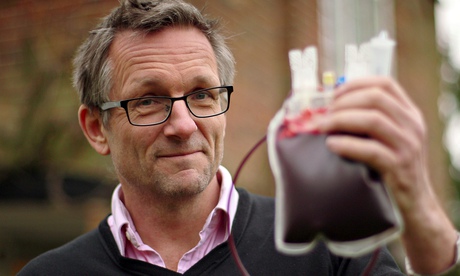 Michael Mosley with a bag of his blood in The Wonderful World of Blood. Photograph: Nathan Budd/BBC
