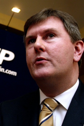 MAGHERALIN, NOTHERN IRELAND - APRIL 21: Democratic Unionist Party (DUP) Leader Dr Ian Paisley (L) chats with Jeffrey Donaldson MLA for Lagan Valley during the launch of their election manifesto at Edenmore Golf and Country Club on April, 2005 in Magheralin, Nothern Ireland.  Paisley portrayed the election as the ultimate political battle between the DUP and Sinn Fein.  (Photo by Paul McErlane/Getty Images) *** Local Caption *** Dr Ian Paisley;Jeffrey Donaldsonpoliticsvotesvoteelectionspoliticianpolitical