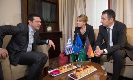 Greek PM Alexis Tsipras (left) meets German Green leaders Simone Peter and Cem Özdemir in Berlin.