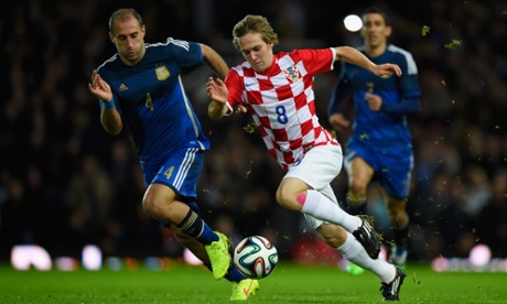 Alen Halilovic of Croatia is challenged by Pablo Zabaleta of Argentina during a friendly at Upton Park.