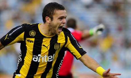Jonathan Rodriguez celebrates after scoring for Peñarol.