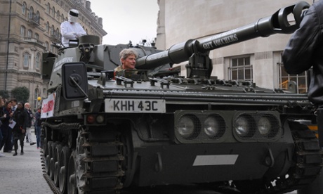 A tank delivering a petition to the BBC to reinstate Clarkson on Top Gear.
