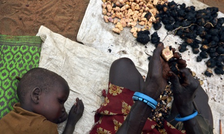 A woman peels a charred root-nodule, a low-value nutrition source extracted from the roots of water-lily, as her son lies by her waiting for the day's meal on one of a handful of habitable islands that dot the Sudd swamp just off the shores of Nyal, an administrative hub in Unity state, South Sudan where scores now face starvation after their farms were inundated by rising waters from the nearby swamp,  on February 24, 2015.