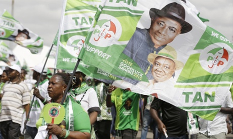 Supporters of Nigeria's president Goodluck Jonathan at an election campaign rally at the national stadium in Lagos, on Tuesday.