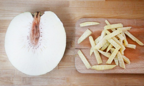 The ideal breadfruit for chip-making is mature, and so quite large, but still firm