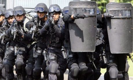 Indonesian anti-terrorist police in a security drill. No one was injured in the 23 February blast but police were alarmed by the presence of chlorine in the bomb, a new technique in Indonesia.