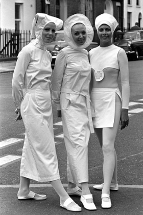 Nurses’ uniforms designed by Pierre Cardin at the London Nursing Exhibition, 1970