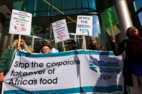Food sovereignty activists protest outside a secret elite corporate seed conference convened by the Bill and Melinda Gates Foundation (BMGF) and the United States Agency for International Development (USAID) in London