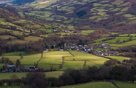 View over village of Llanbedr in the Grwyne valley, Wales.