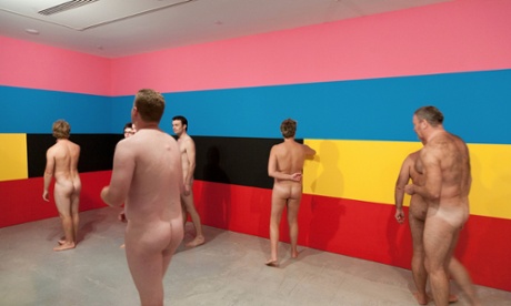 Nude tour participants at the Museum of Contemporary Art Australia, Sydney, viewing Robert Owens' Sunrise #3.