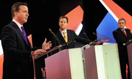 David Cameron, Nick Clegg and Gordon Brown during a live leaders' election debate in 2010.