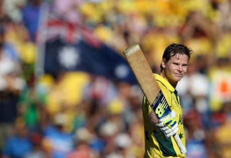 Australia's batsman Steve Smith acknowledges the crowd after scoring his century.