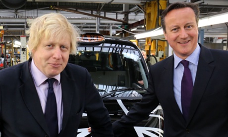 Boris Johnson and David Cameron at the production line at The London Taxi Company in Coventry