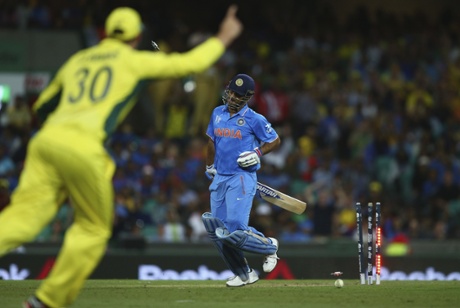 MS Dhoni of India is run out by Glenn Maxwell.