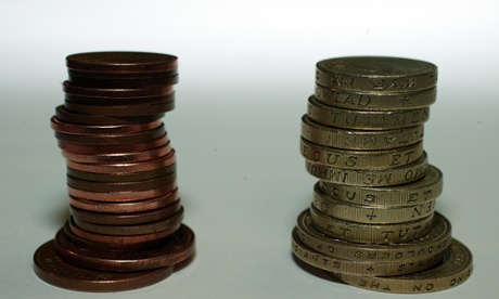Piles of coins: pounds and pence