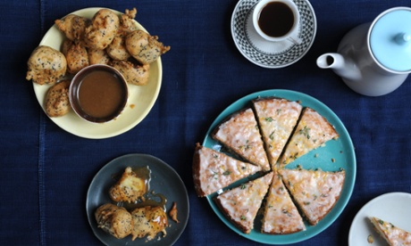 Ruby's banana fritters (left) and springy banana thyme cake with lemon glaze