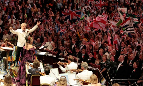 Conductor Jiri Belohlavek and soloist Renee Fleming perform 'Rule Britannia' at the last night of the Proms at the Royal Albert Hall on September 11, 2010.