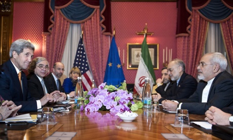 US secretary of state John Kerry, left, energy secretary, Ernest Moniz, second left, Iranian foreign minister Mohammad Javad Zarif, right, and head of the Iranian Atomic Energy Organisation Ali Akbar Salehi, second right at negotiations on Thursday in Lausanne  Switzerland  (AP Photo/Brendan Smialowski, Pool)Beau Rivage Palace Hotel