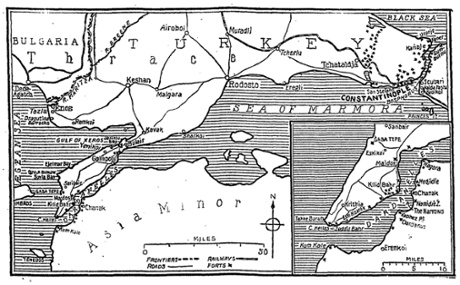 Map of the Dardanelles straits and the Gallipoli peninsula which accompanied the Manchester Guardian’s first articles on the landings, published on 27 April 1915.