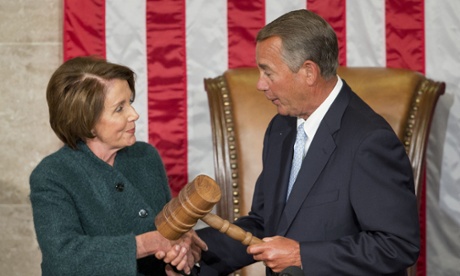 FILE - In this Jan. 6, 2015 file photo, House Speaker John Boehner of Ohio is handed the gavel from House Minority Leader Nancy Pelosi, D-Calif, after being re-elected for a third term to lead the 114th Congress, as Republicans assume full control for the first time in eight years, on Capitol Hill in Washington. The House is expected to vote Thursday on replacing the current formula with a new approach. It calls for a period of basically stable reimbursements, followed by gradually shifting a larger share of doctors' pay so that it's keyed to quality, rather than quantity, of service. The Medicare fix is packaged with an extension of children's health insurance, funding for community health centers and dozens of other provisions. The outlook in the Senate is unclear.   (AP Photo/Pablo Martinez Monsivais, File)