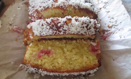 Raspberry, coconut and lemon syrup cake
