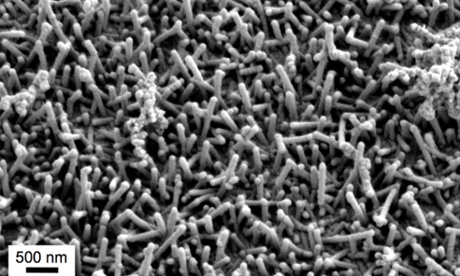Electron microscope image of the 1-micrometer thick nanocoatings on a silicon substrate.
