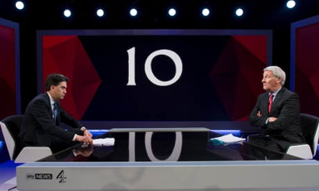 Labour leader Ed Miliband is interviewed by Jeremy Paxman on the Sky News/Channel 4 programme: Cameron & Miliband Live: The Battle for Number 10, at the Sky Studios in Osterley, west London, Thursday March 26, 2015. REUTERS/Stefan Rousseau/Pool:rel:d:bm: