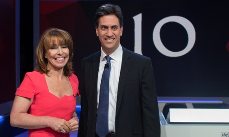 Labour Party leader Ed Miliband is introduced by Kay Burley ahead of his live televised interview in west London, Thursday March 26, 2015. Conservative leader Cameron went first in the show Thursday night, facing harsh questions from prominent TV journalist Jeremy Paxman. Miliband, the Labour Party leader, was set to follow, they weren't expected to share a stage at the studio. (AP Photo/Stefan Rousseau, Pool)wparota