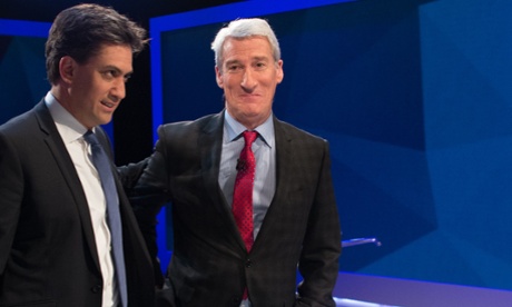 Labour leader Ed Miliband and Jeremy Paxman chat during the filming of the leadership interview.