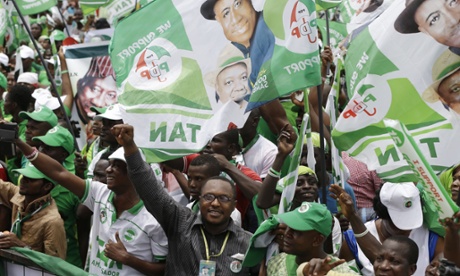 Supporters of President Goodluck Jonathan attend one of the final campaign rallies before the vote on Saturday.