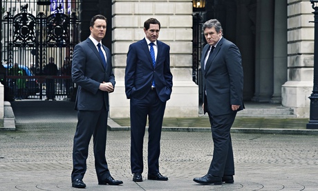 Coalition … David Cameron (Mark Dexter), Nick Clegg (Bertie Carvel) and Gordon Brown (Ian Grieve).