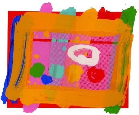 Angel by Albert Irvin (2003). The artist used a floor squeegee as a kind of huge palette knife, pushing solid bars of colour across his canvases.