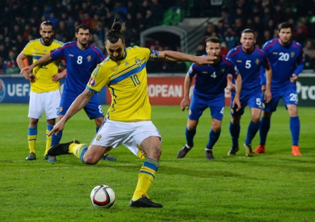 Sweden's Zlatan Ibrahimovic scores from the spot.