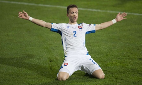 Peter Pekarik celebrates after scoring Slovakia's third goal.
