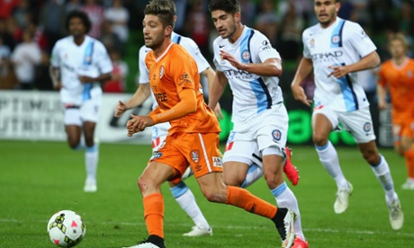 Brandon Borrello tries to find a way through the Melbourne City defence.